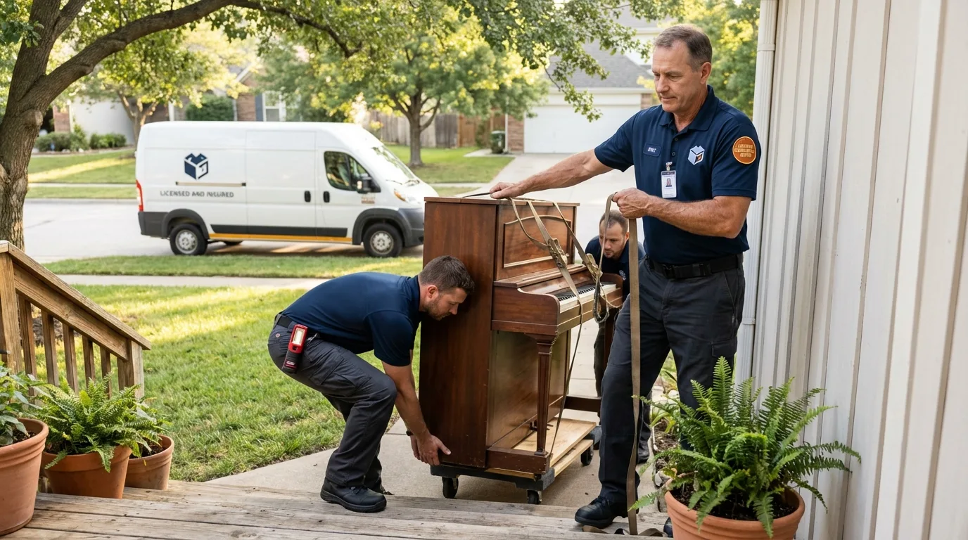 Licensed piano movers securing grand piano in Washington, NC