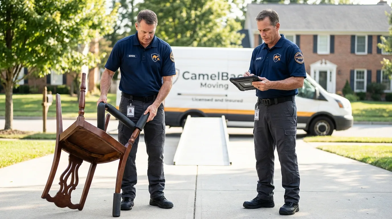 Movers inspecting furniture for damage prevention before loading in Washington, NC