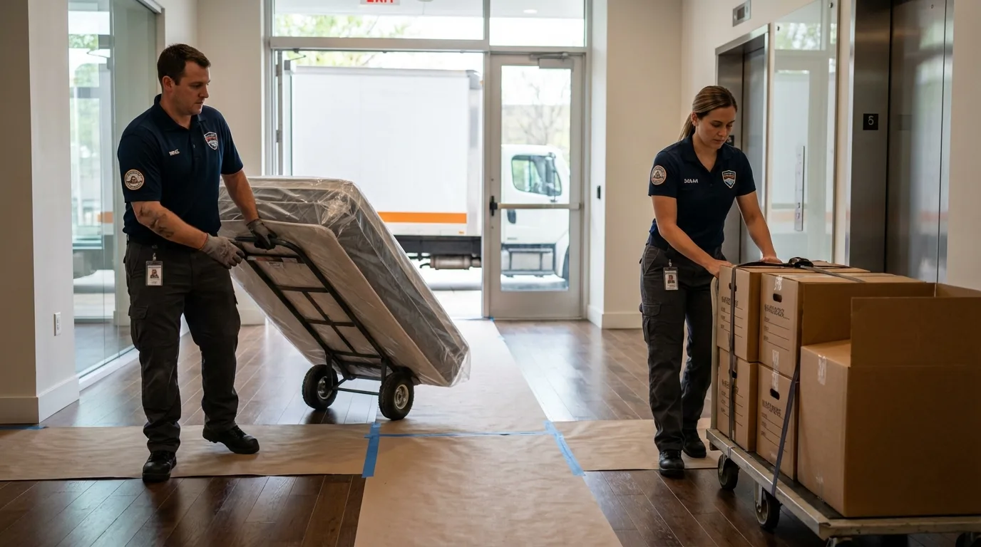 Professional apartment movers loading elevator in Washington, NC